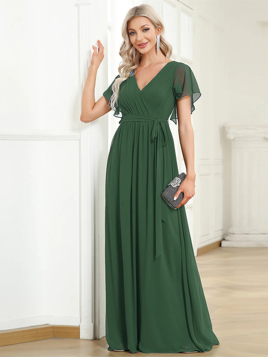 A Line Wholesale Evening Dresses with Deep V Neck Ruffles Sleeves