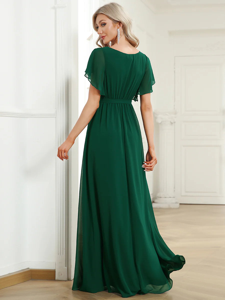 A Line Wholesale Evening Dresses with Deep V Neck Ruffles Sleeves