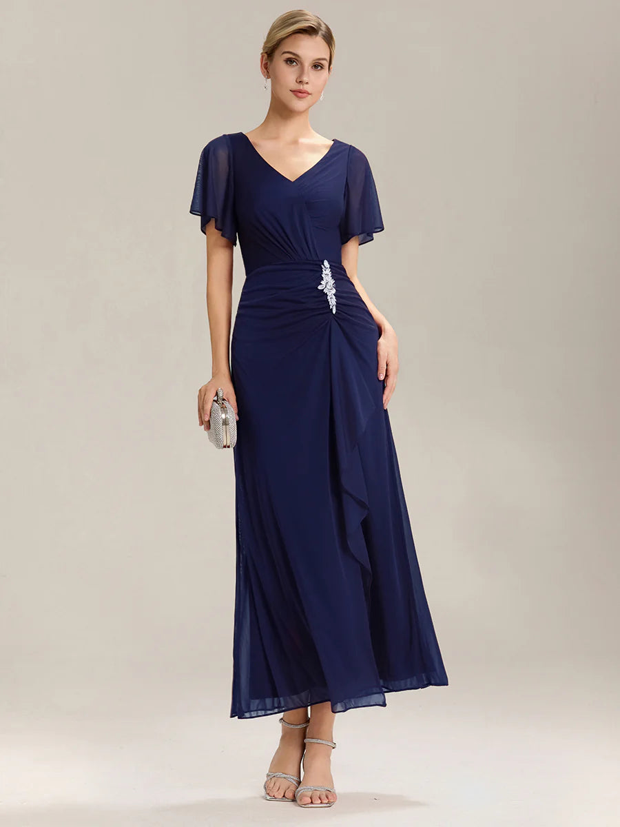 Short Sleeve Ruffle Deep V-Neck A-Line Maxi Dress with Slit Mother of the Bride Dresses
