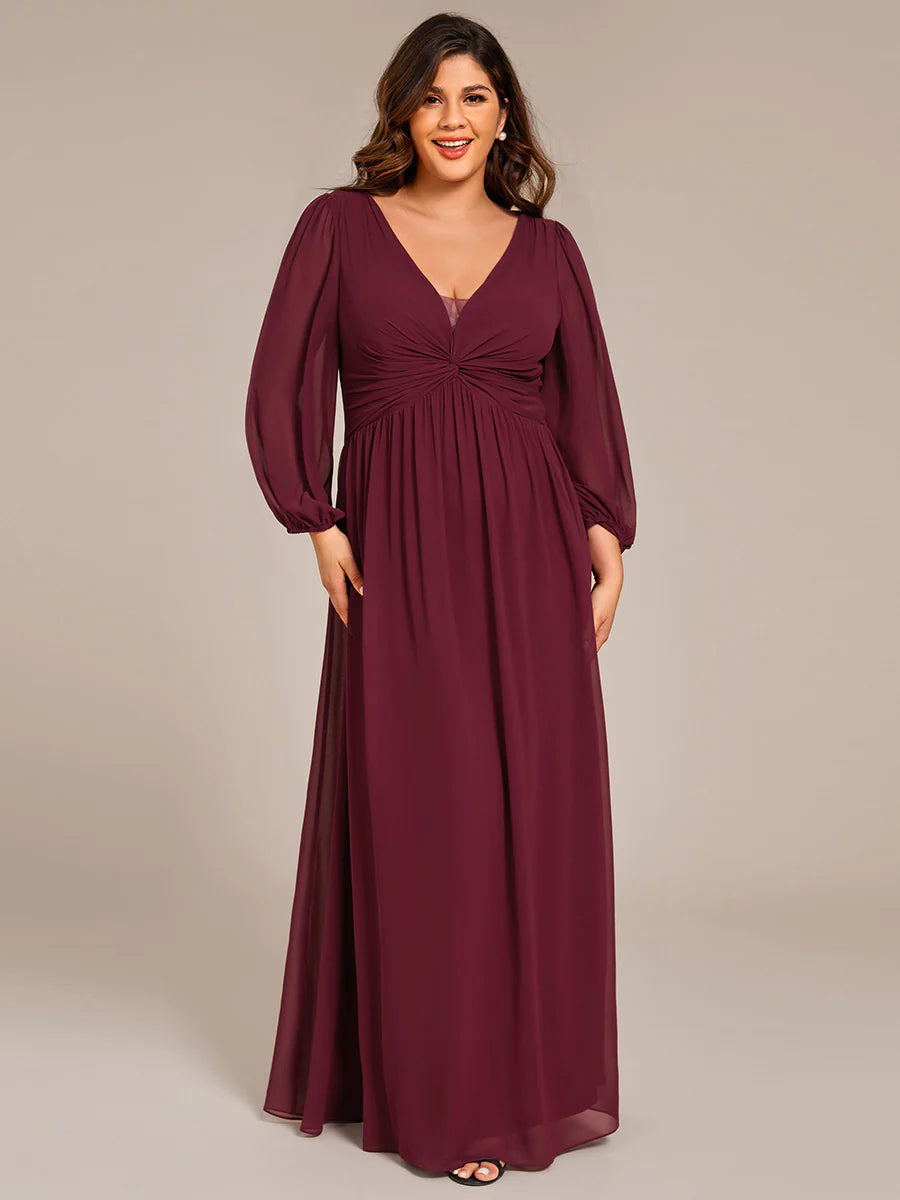 Plus Size Graceful See-Through V Neck Padded Enough Pleated Decoration Chiffon Evening Dresses
