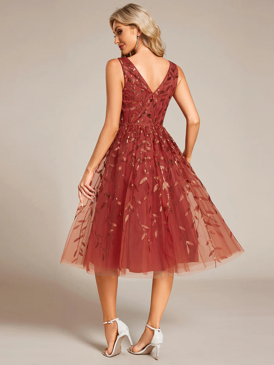 V-Neck Sequin Midi Wedding Guest Dress With Sleeveless