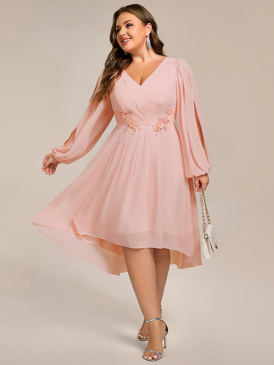 Plus Size Elegant Lantern Sleeve Applique Empire Waist Midi-Length Chiffon Evening Dresses with Asymmetrical Hem