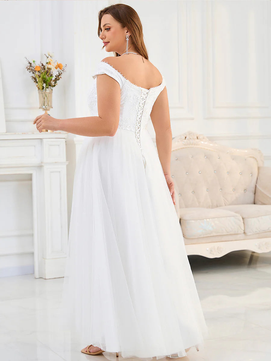 Plus Size Short Sleeve Cold Shoulder Deep V-Neck A-Line Floor Length Wedding Dresses