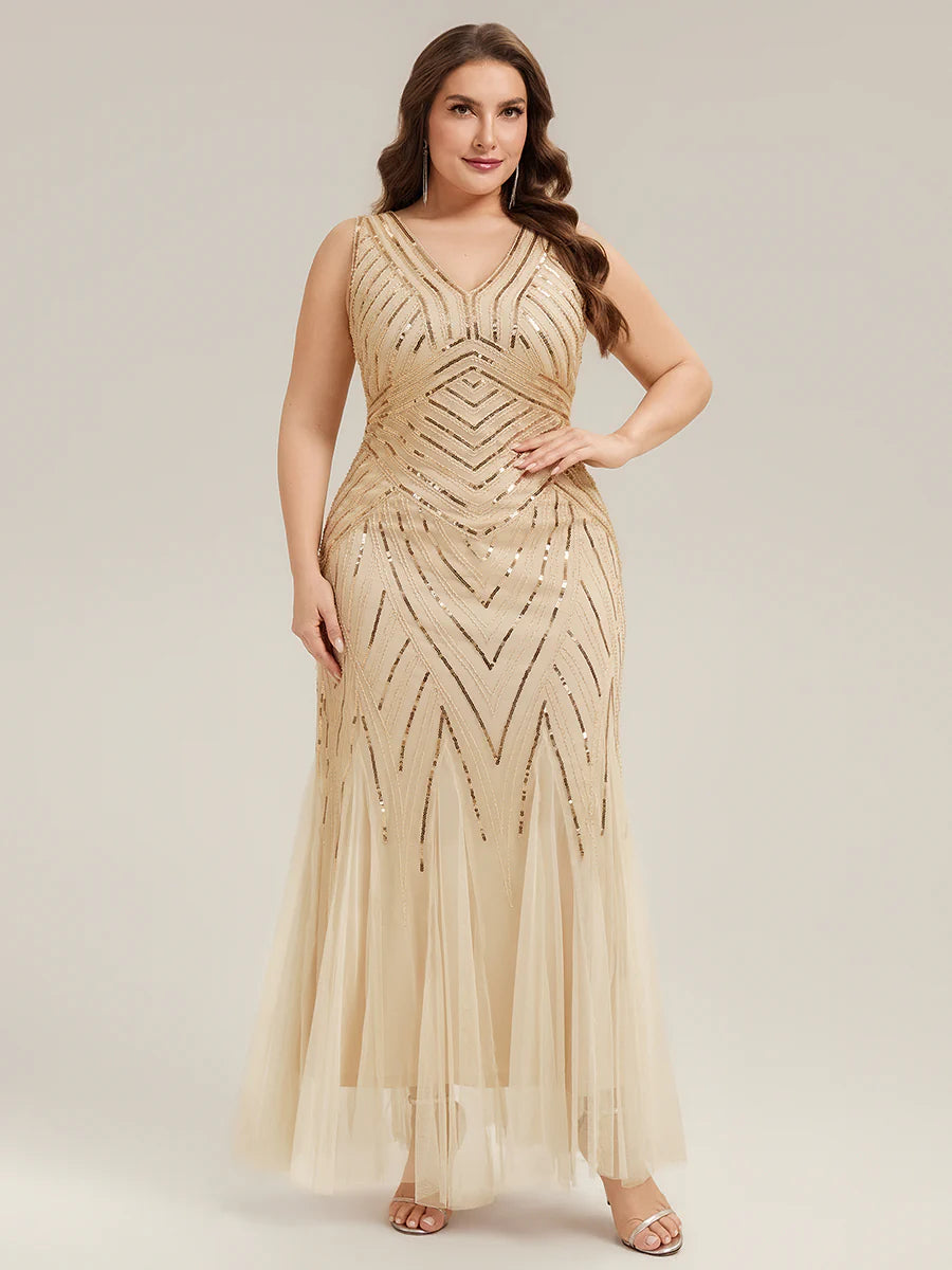 Commercial Wholesale Sleeveless High Stretch Fishtail Beaded V-Neck Evening Dresses