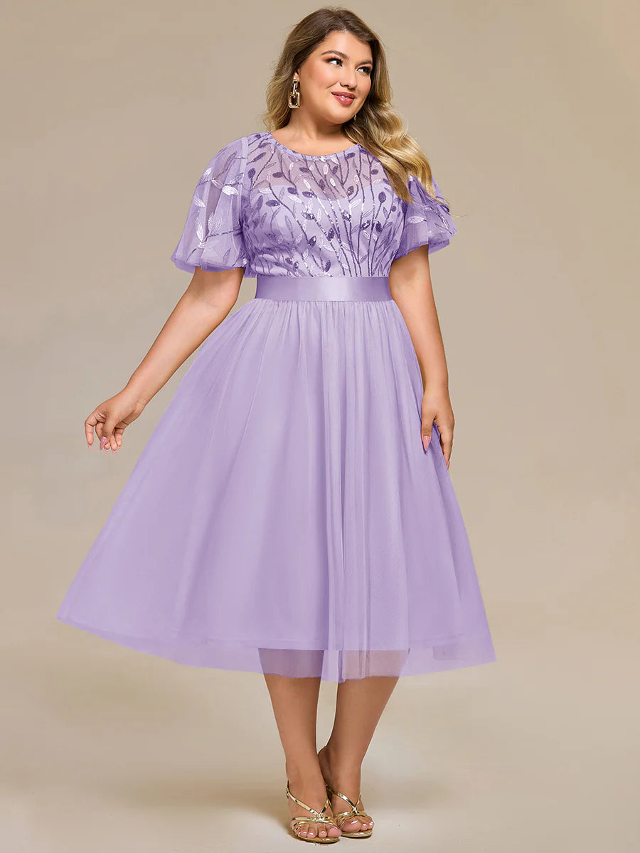 Bulk Order | Plus Size Fit A-Line Deep V-Neck Evening Gown | Ruffled Short Sleeve Midi Dress