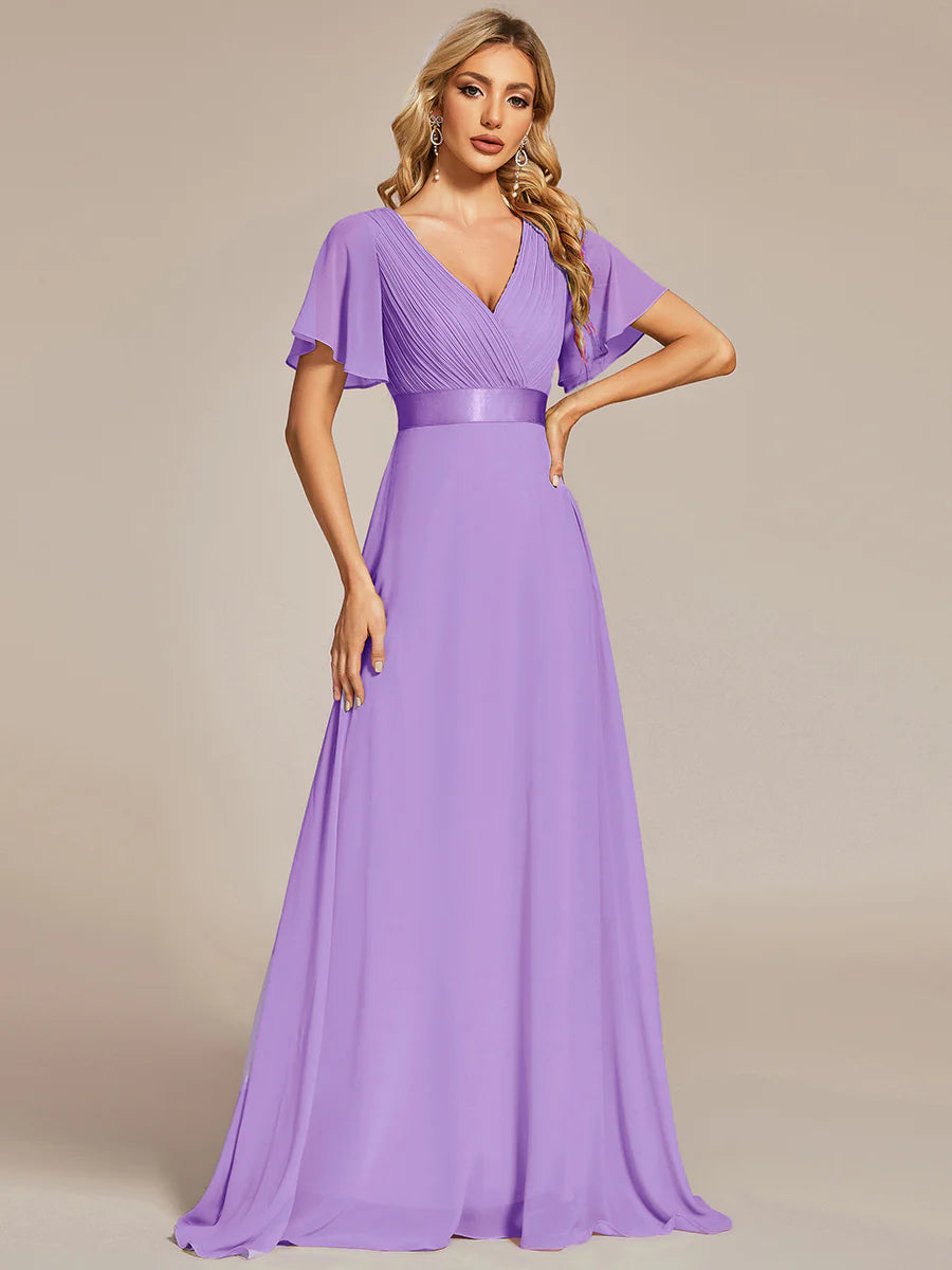 Glamorous Double V-Neck Ruffles Padded Wholesale Chiffon Evening Dresses