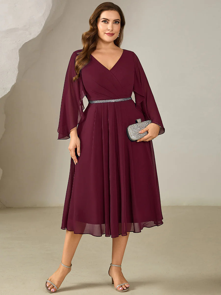 Plus Size 3/4 Sleeve Ruffle Deep V-Neck A-Line Midi Wedding Guest Dresses