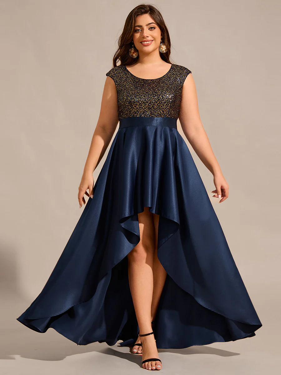 Plus Size Elegant Round Neck Asymmetrical Hem Sequin Contrast Satin Dresses with Raglan Sleeves