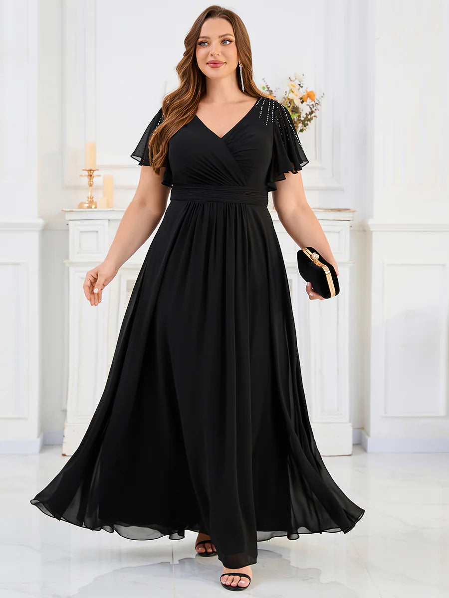 Plus Size Short Sleeve Ruffle V-Neck Pleated A-Line Floor Length Evening Dresses