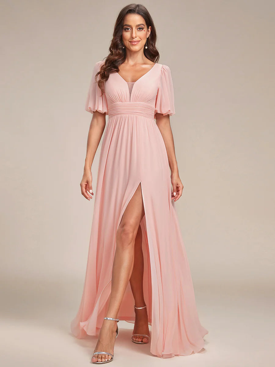 Deep V Neck A Line Half Puff Sleeves Wholesale Bridesmaid Dresses