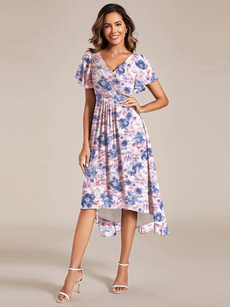Ever FAYE|Floral V Neck High-Low Short Sleeve Wedding Guest Dress
