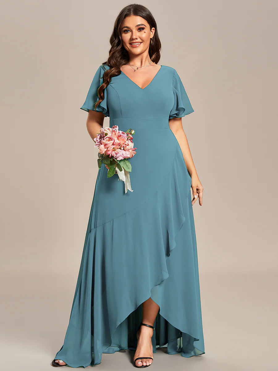 Plus V Neck High Low Ruffles Chiffon Wholesale Bridesmaid Dresses