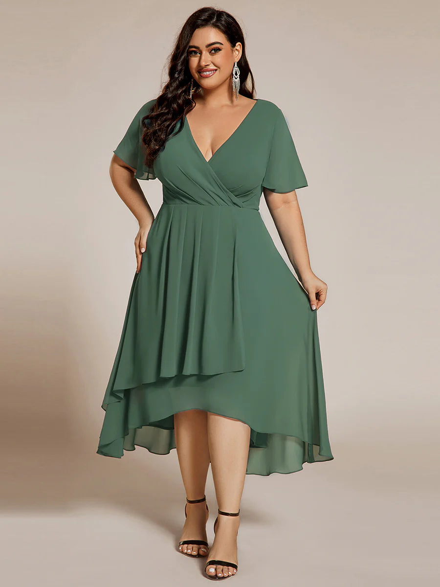 Plus V-Neck Midi Chiffon Wedding Guest Dresses with Ruffles Sleeve