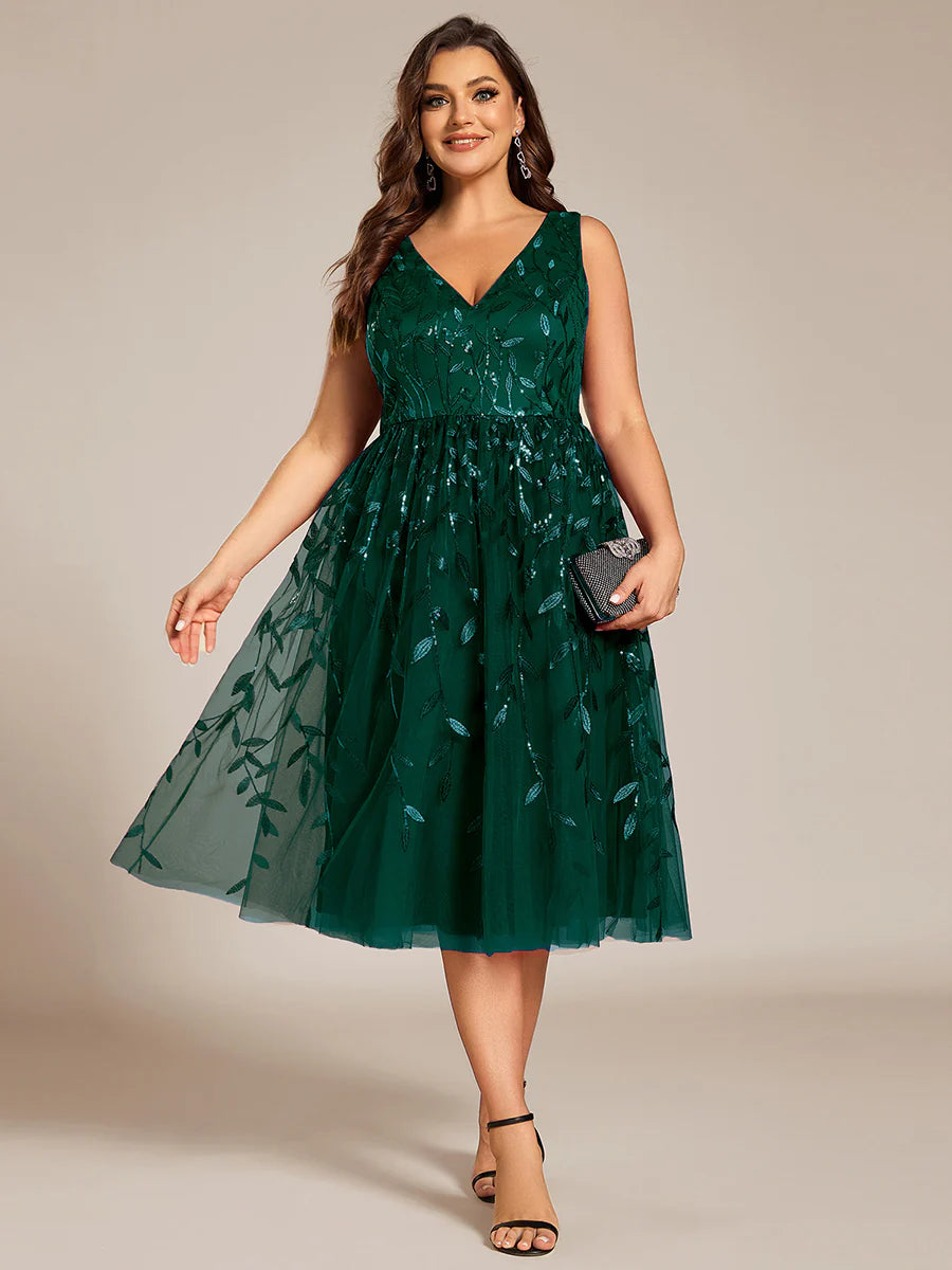 Plus Size V-Neck Sequin Midi Wedding Guest Dress With Sleeveless