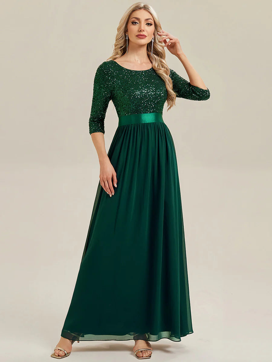 3/4 Sleeve Sequin Patchwork A-Line Floor Length Evening Dresses