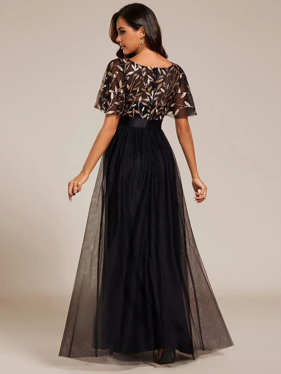 Sequin Print Floor-length Wholesale Evening Dresses with Cap Sleeve