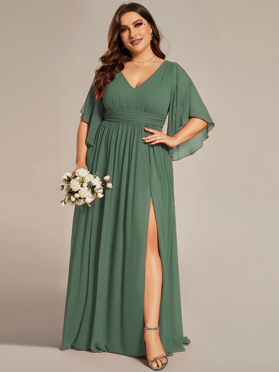 Plus V Neck Pleated Belt Wholesale Chiffon Bridesmaid Dresses