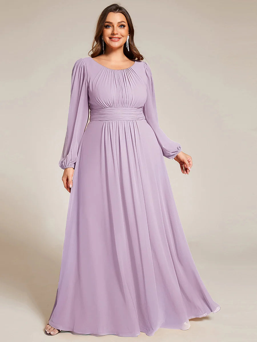 Plus Size Round Neck Wholesale Bridesmaid Dresses with Long Lantern Sleeves