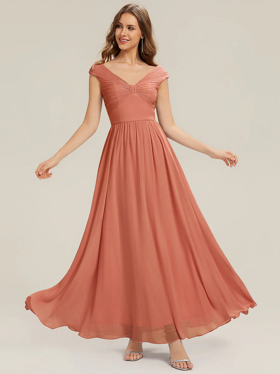 Commercial Wholesale Sleeveless Off Shoulder Deep V-Neck Pleated A-Line Floor Length Bridesmaid Dresses