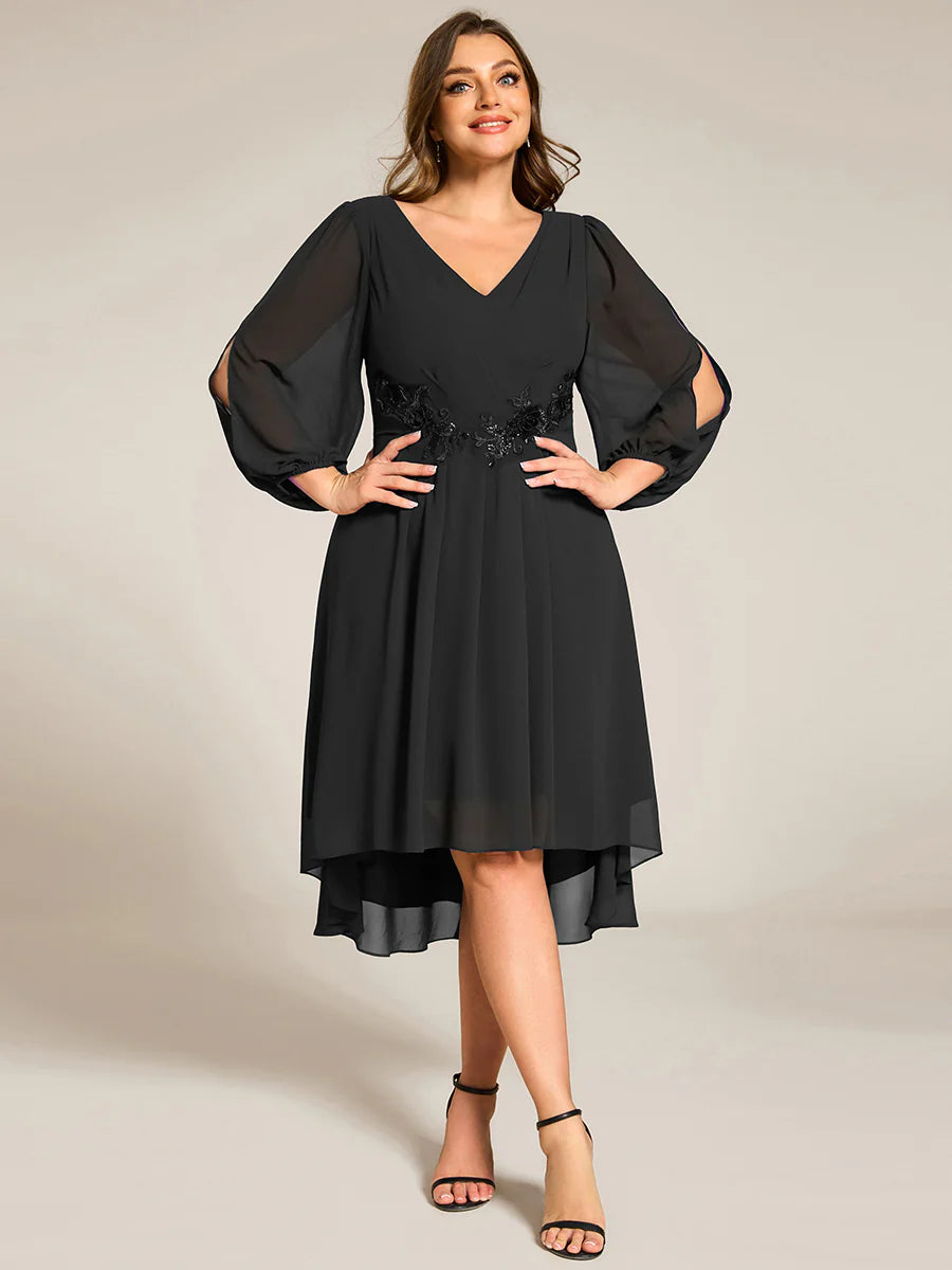 Plus Size Elegant Lantern Sleeve Applique Empire Waist Midi-Length Chiffon Evening Dresses with Asymmetrical Hem