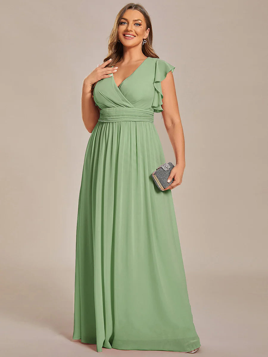 Plus V Neck Pleated Belted Ruffles Wholesale Bridesmaid Dresses