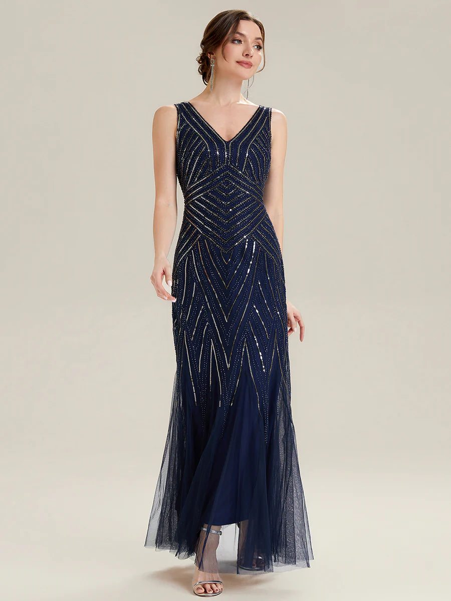 Commercial Wholesale Sleeveless High Stretch Fishtail Beaded V-Neck Evening Dresses