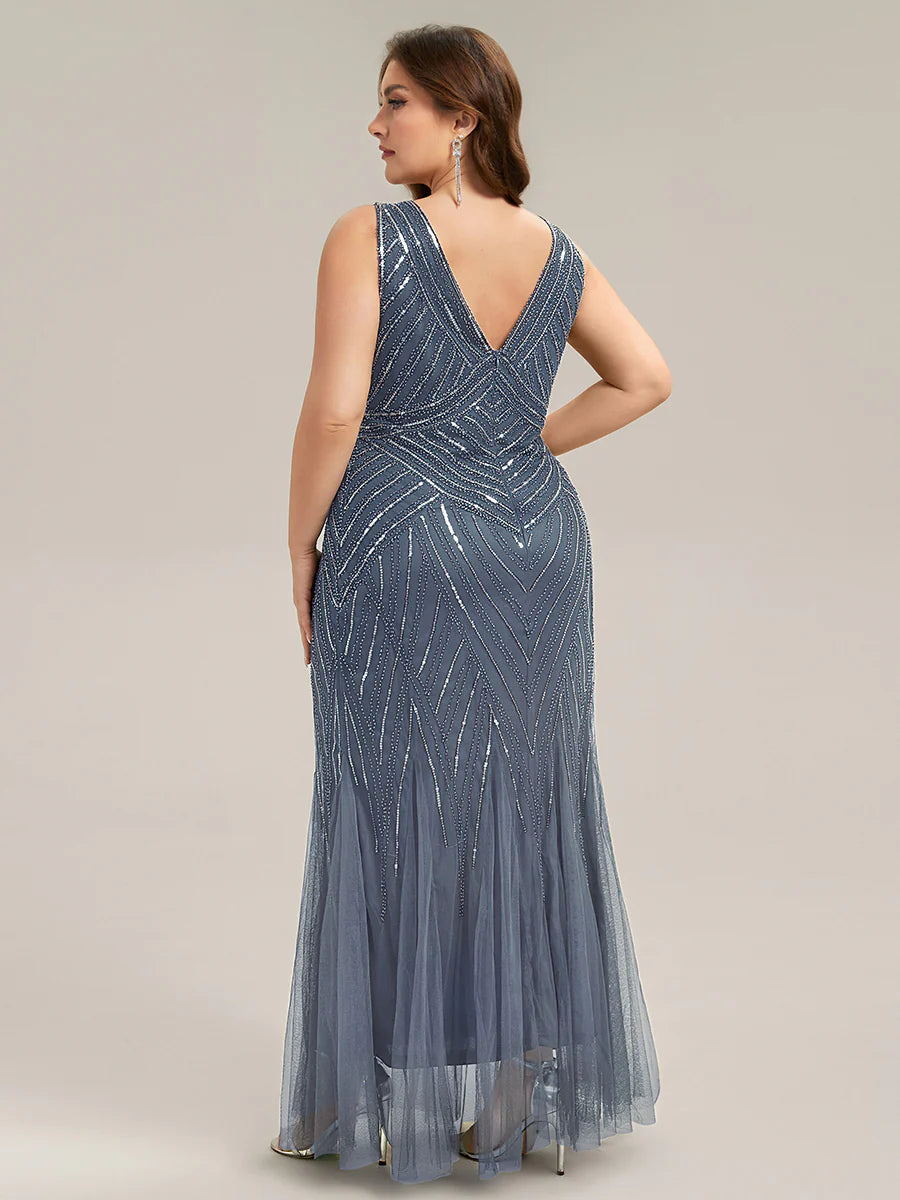 Commercial Wholesale Sleeveless High Stretch Fishtail Beaded V-Neck Evening Dresses