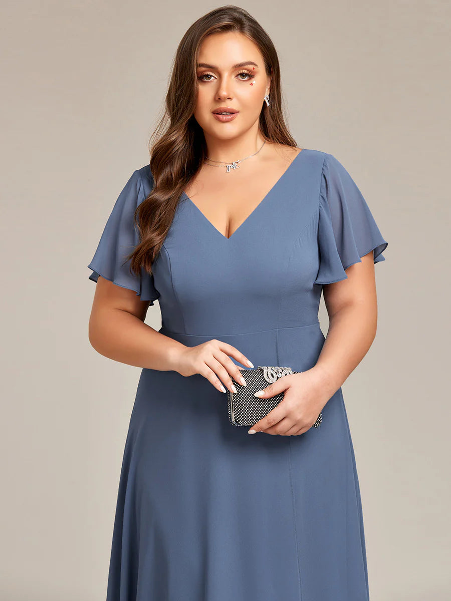 Plus Size V-Neck High Low CHiffon Ruffles Wholesale Evening Dresses