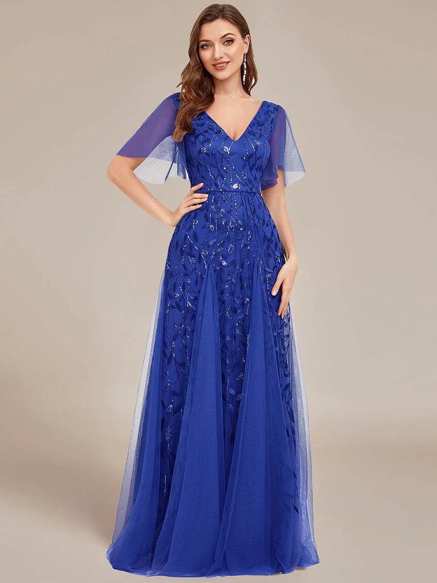Deep V Neck Wholesale Sequin Evening Gown With Short Sleeves