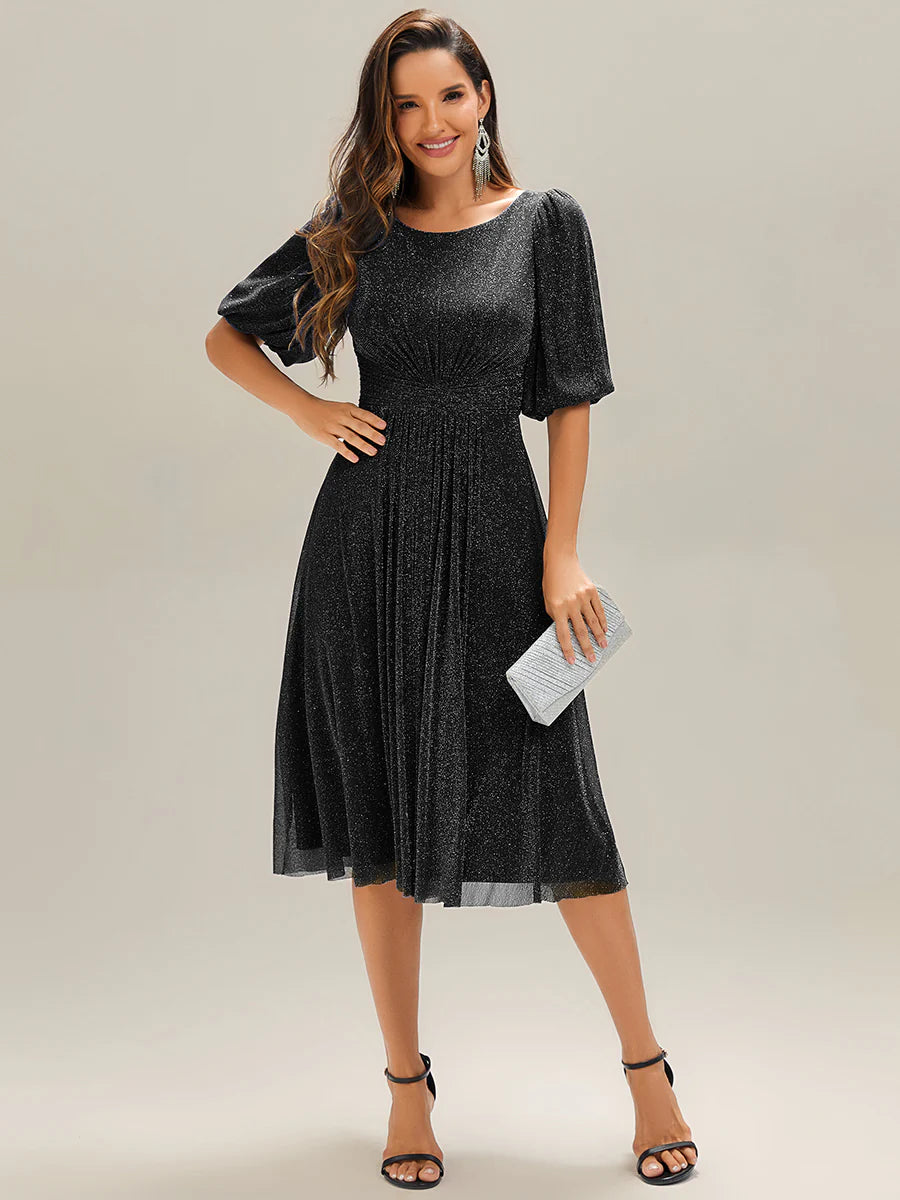 Half Sleeve Gathered A-Line Midi Length Wedding Guest Dresses