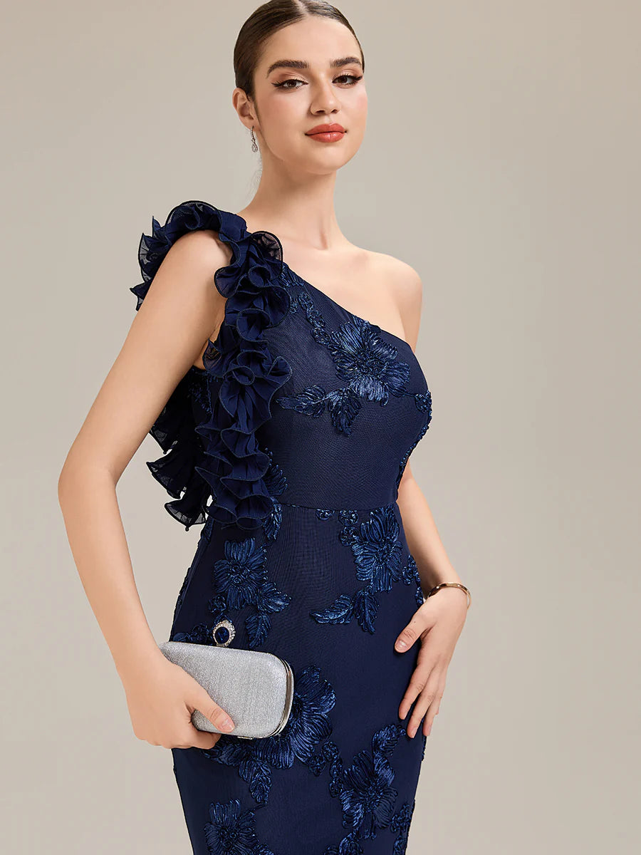 Custom Made One Shoulder Sleeveless Floral Jacquard Fishtail Evening Dresses