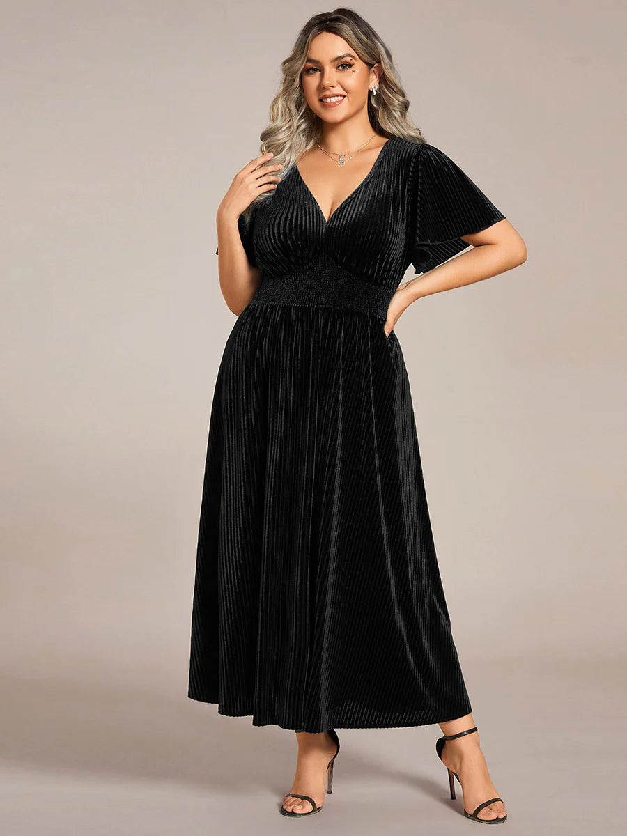 Plus-Size-V-Neck Tea Length Velvet Wedding Guest Dresses