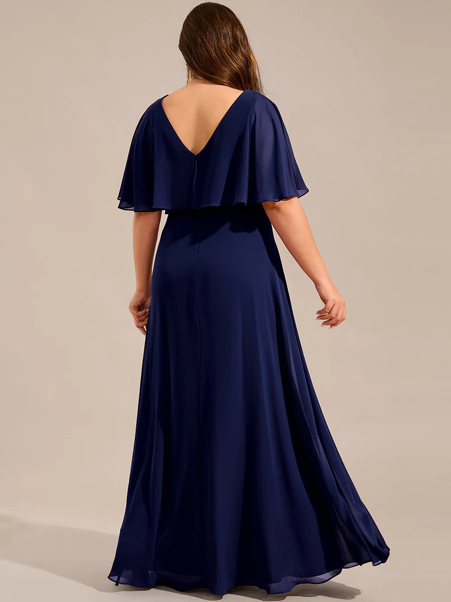 Plus Size Elegant Shawl Bat-wing Sleeve Chiffon Evening Dresses with Applique Decoration