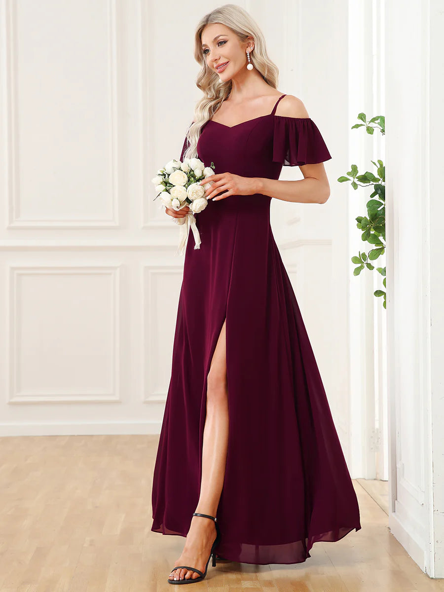Wholesale High Split Chiffon Bridesmaid Dress With Spaghetti Straps