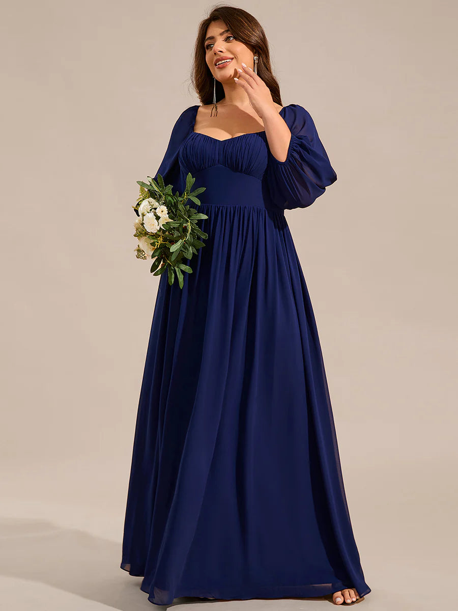 Plus Size Graceful Sweetheart 3/4 Lantern Sleeve Chiffon Bridesmaid Dresses with Frenulum knotting