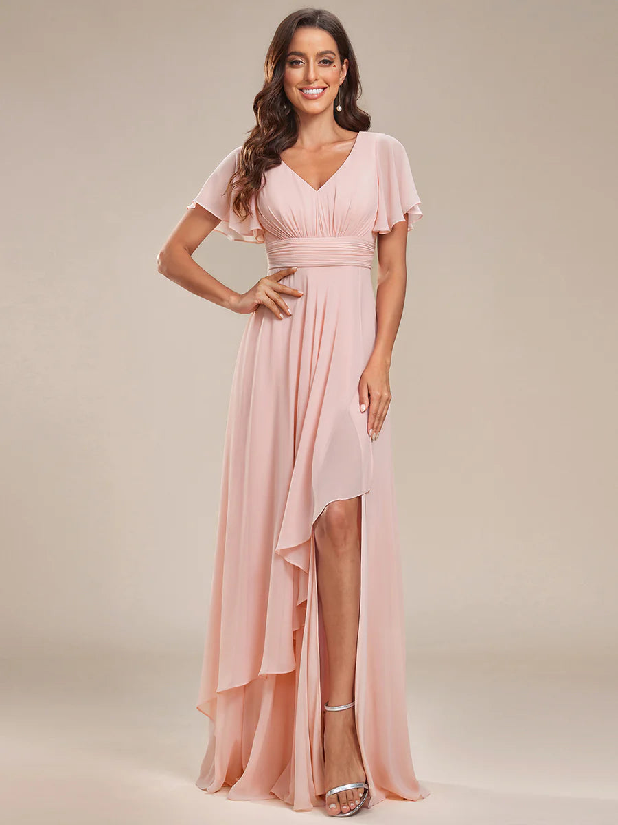 Side Split V Neck Ruched Wholesale Chiffon Bridesmaid Dresses