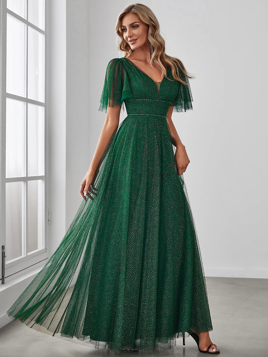 Wholesale Long Deep V Neck Maxi A-Line Tulle Evening Dress