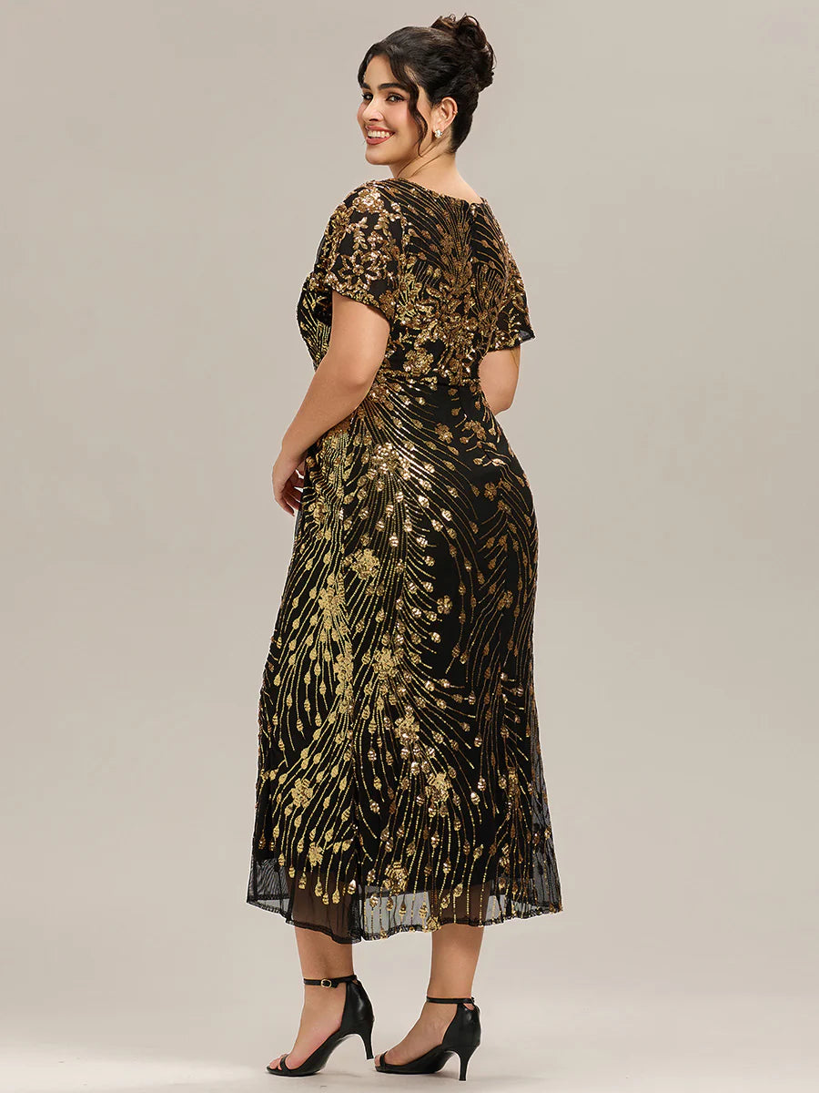 Plus Size Strapless Deep V-Neck Fishtail Paillette Midi Evening Dresses