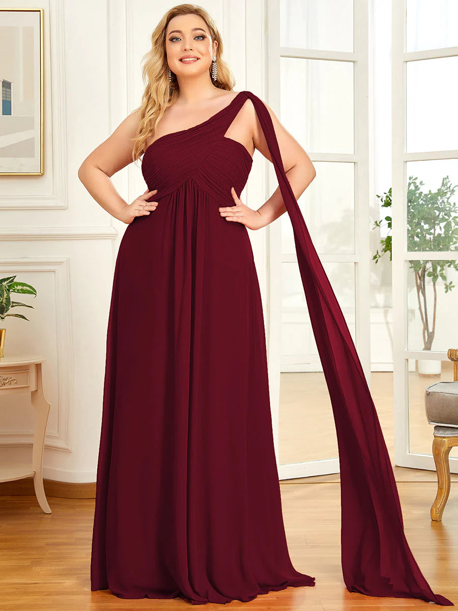 One Shoulder Chiffon Ruffles Plus Size Long Evening Dresses