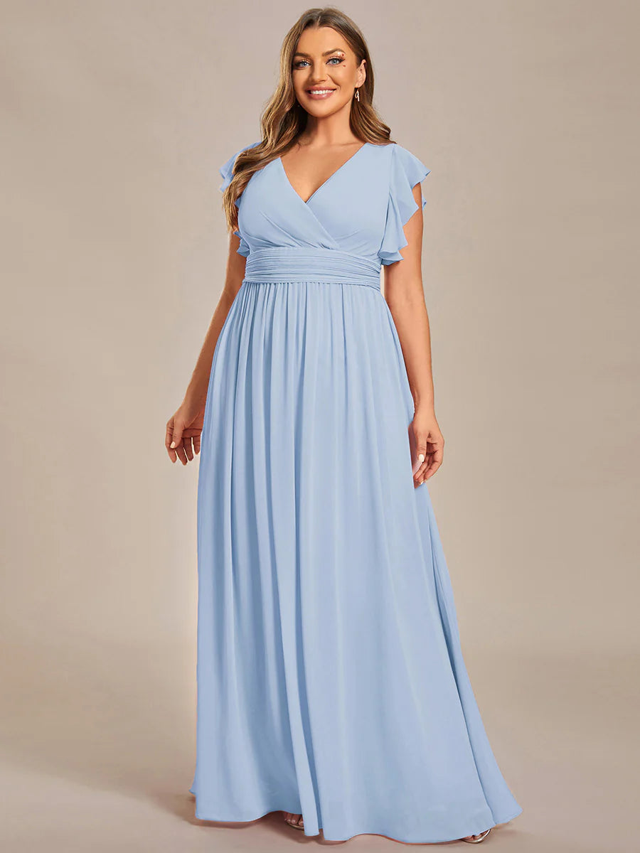Plus V Neck Pleated Belted Ruffles Wholesale Bridesmaid Dresses