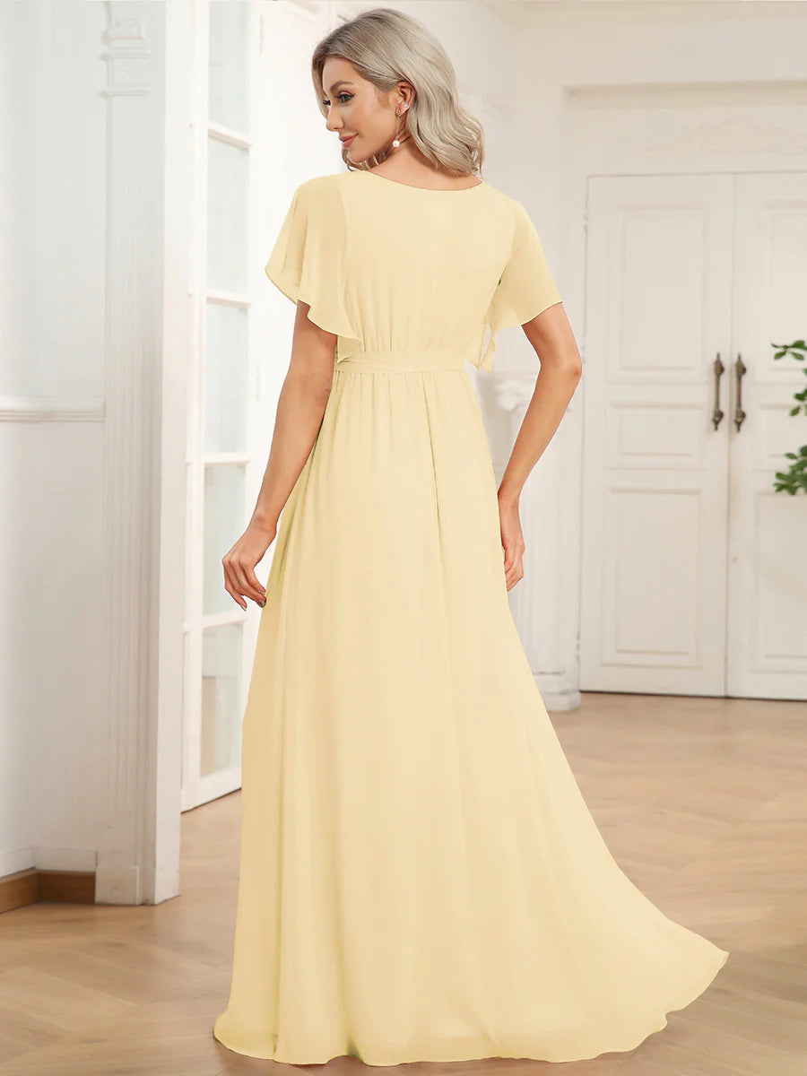 A Line Wholesale Evening Dresses with Deep V Neck Ruffles Sleeves