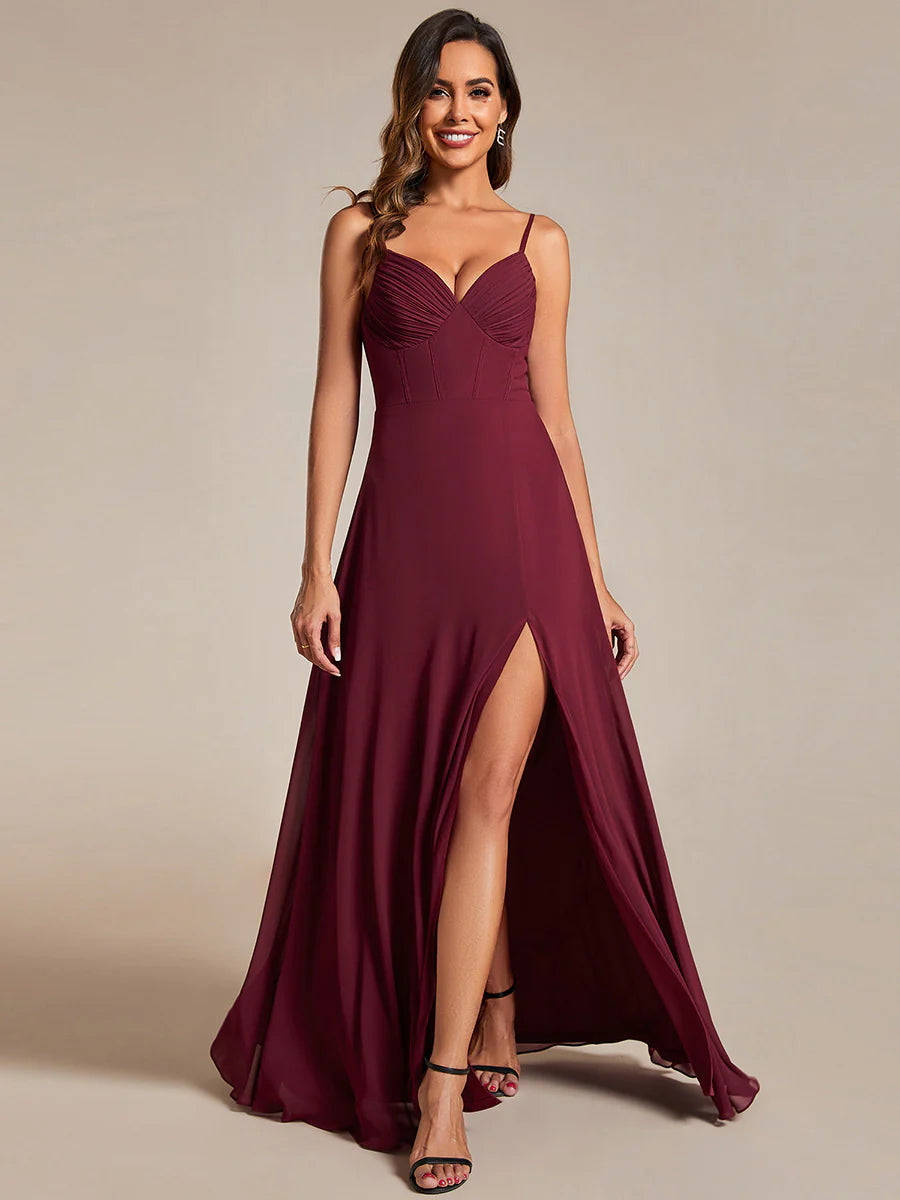 Chiffon Spaghetti Strap Bridesmaid Dress with High Split