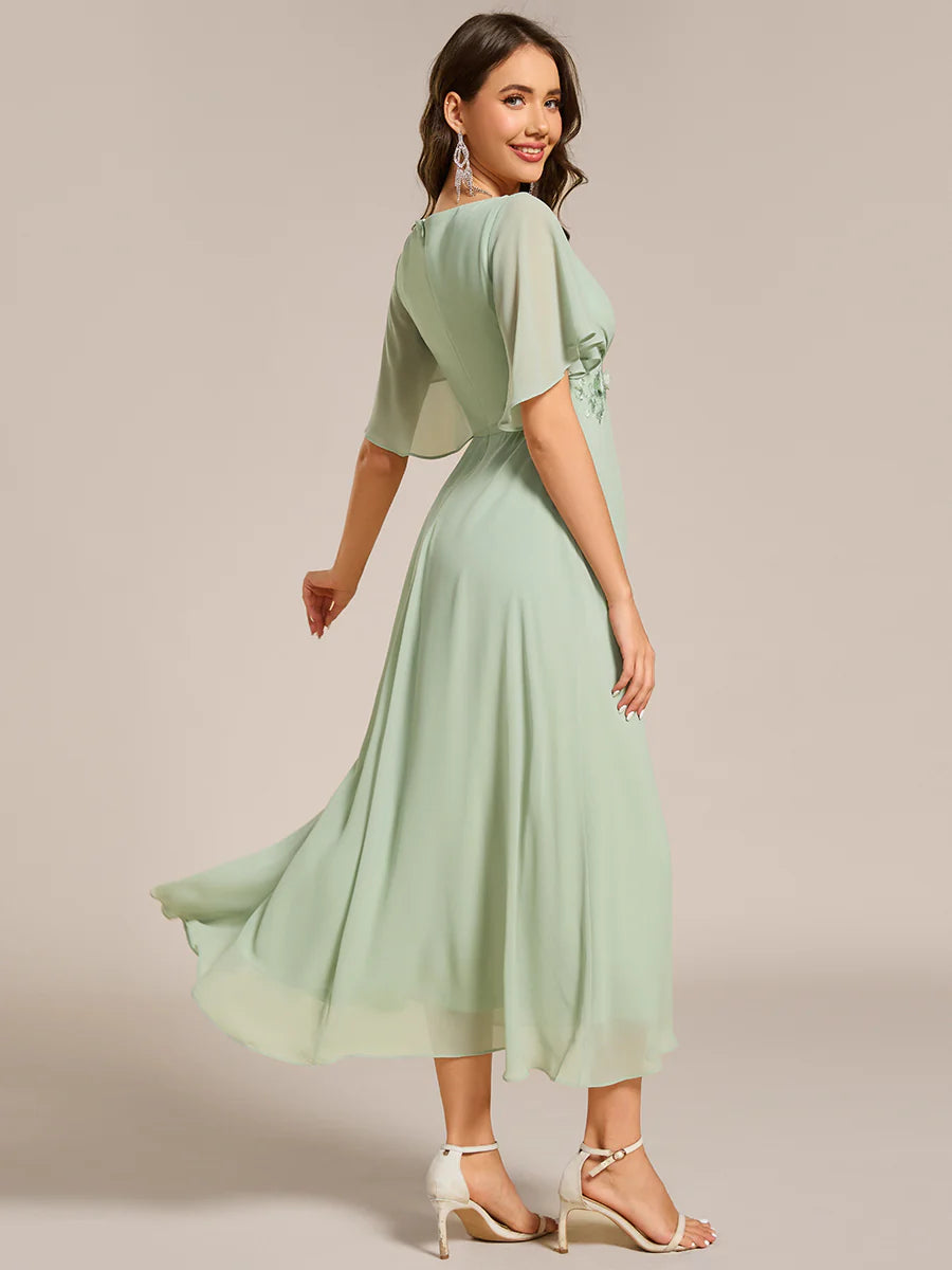 Applique V Neck Tea Length Wedding Guest Dress With Short Sleeves
