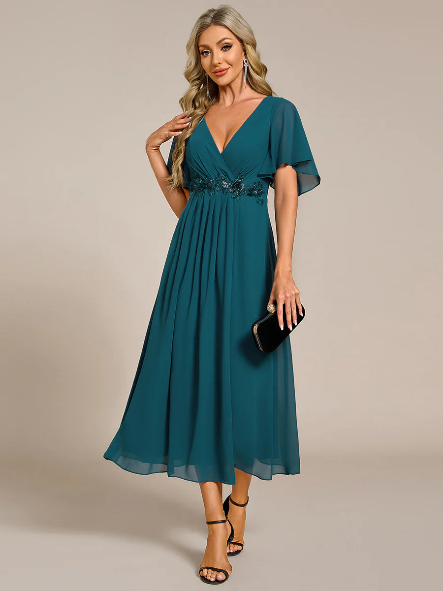 Applique V Neck Tea Length Wedding Guest Dress With Short Sleeves
