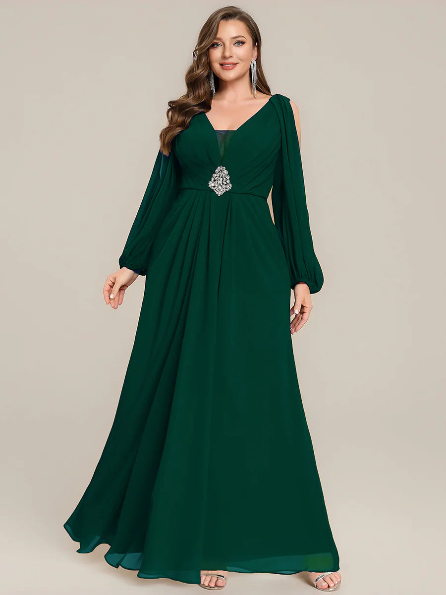 Volume Discounts Long Sleeve Lantern Sleeve A-Line Floor Length V-Neck Wedding Guest Dresses