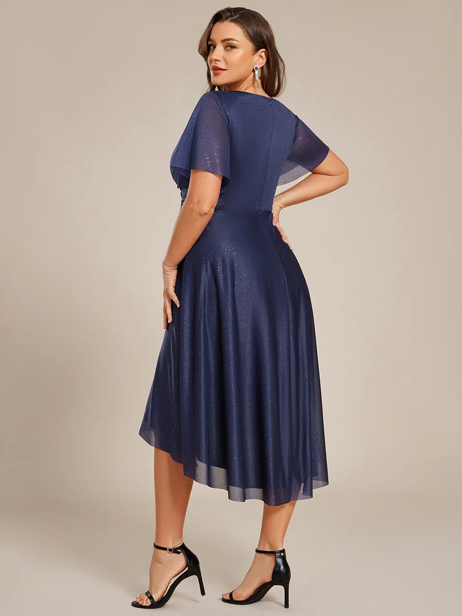 Plus Size Short Sleeve Ruffled Pleated V-Neck A-Line Midi Wedding Guest Dresses