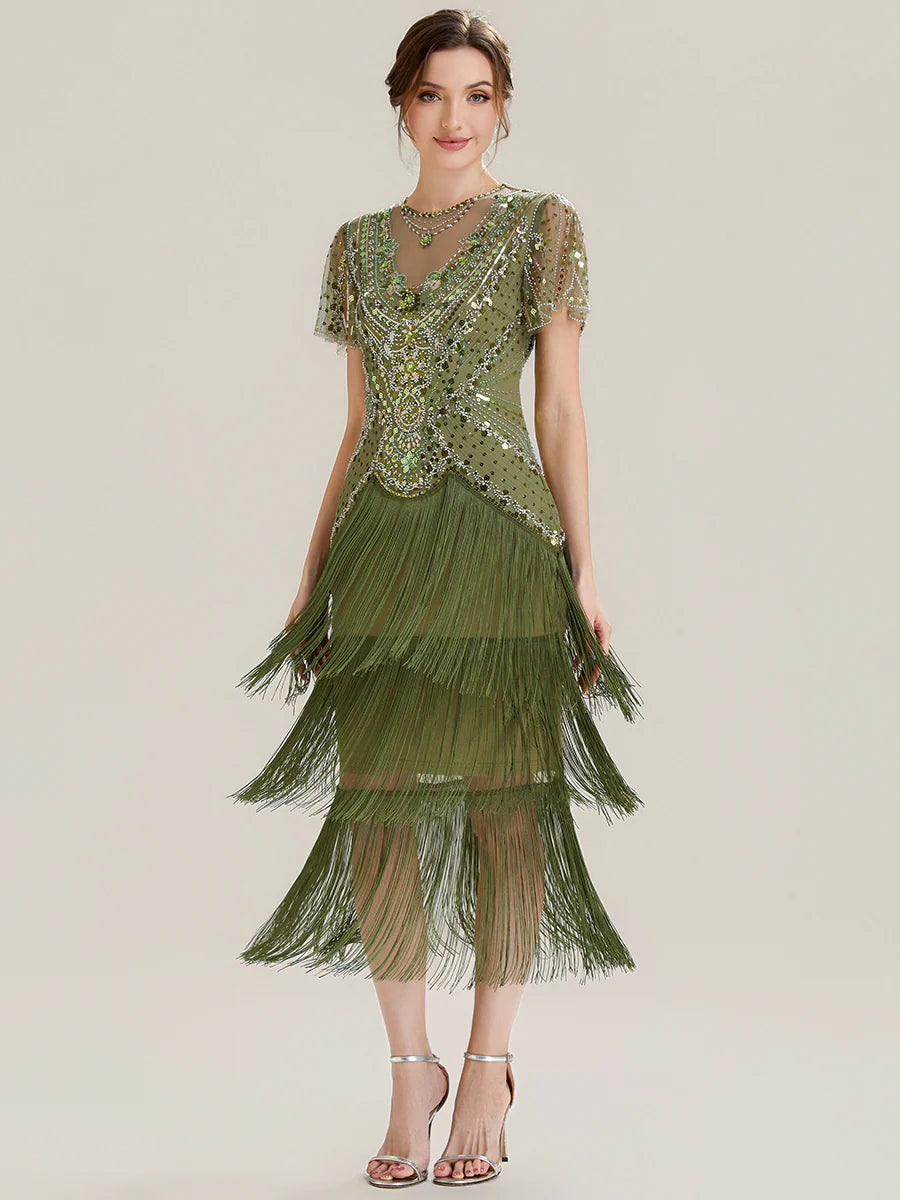 Factory Design Short Sleeve Ruffle Sequin Round Neck Tiered Midi Wedding Guest Dresses