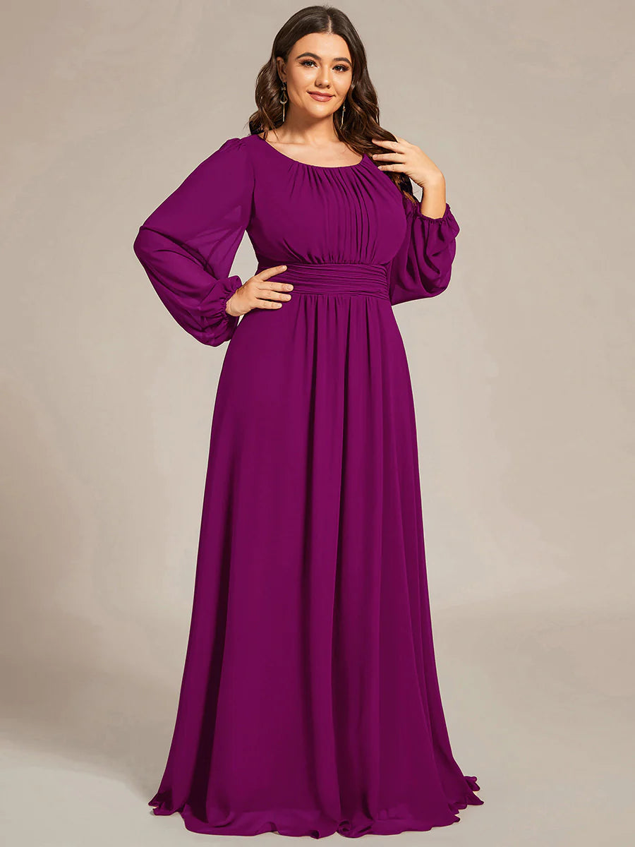 Plus Size Round Neck Wholesale Bridesmaid Dresses with Long Lantern Sleeves