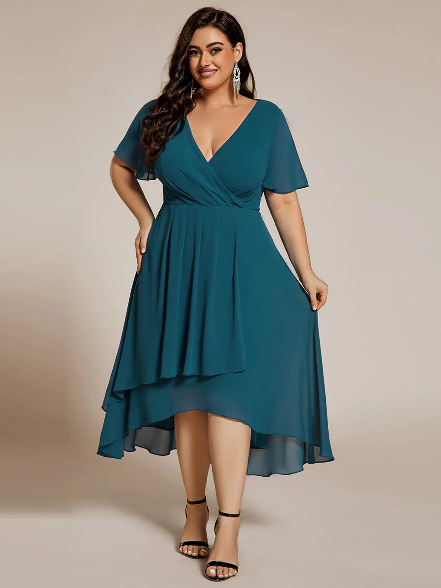 Plus V-Neck Midi Chiffon Wedding Guest Dresses with Ruffles Sleeve