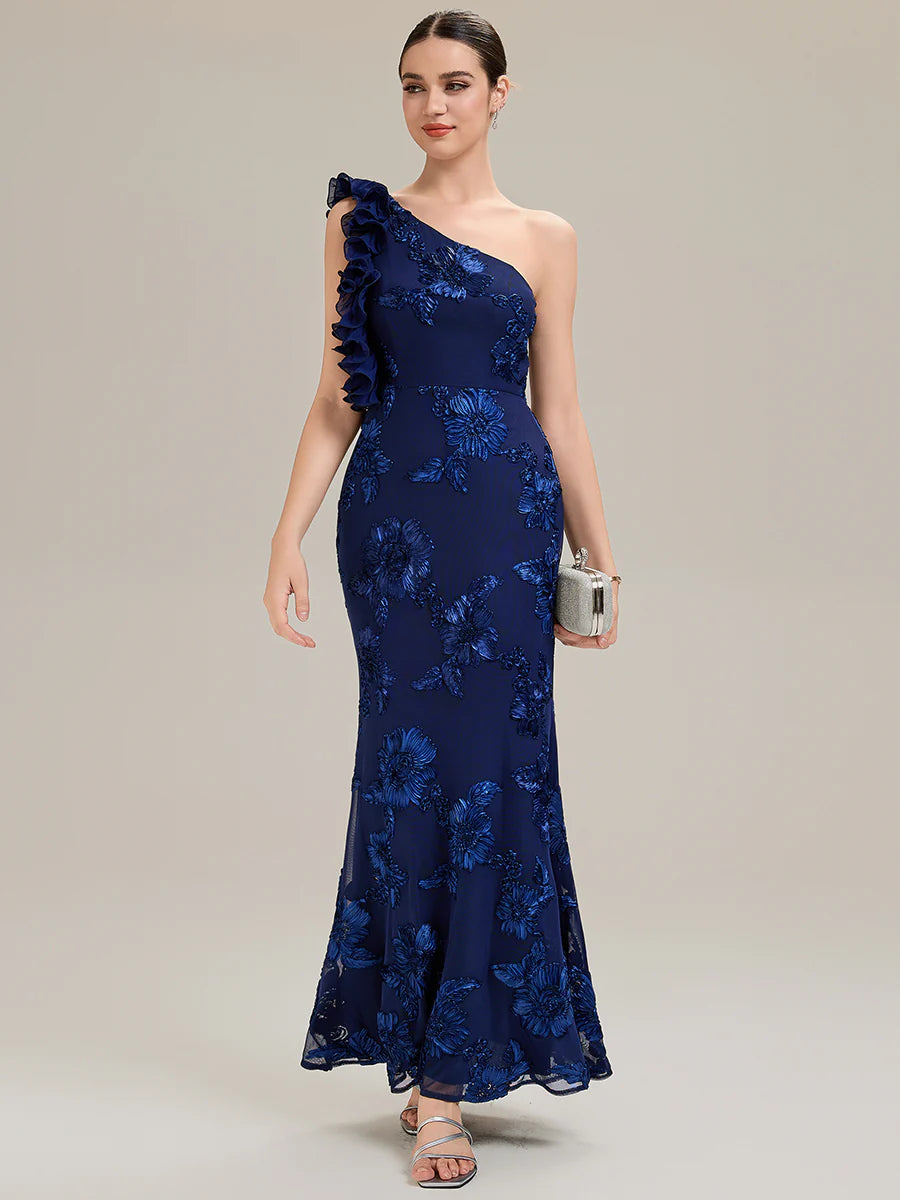 Custom Made One Shoulder Sleeveless Floral Jacquard Fishtail Evening Dresses